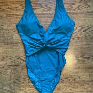 Nicole Miller Studio Womens Swimsuit One Piece Deep V Neck Teal Size Large NEW